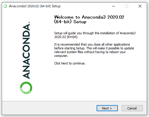 Anacondaのインストール画面（初期状態）